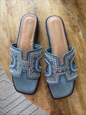 Madden Girl Light Blue Beaded Slip-On Mules